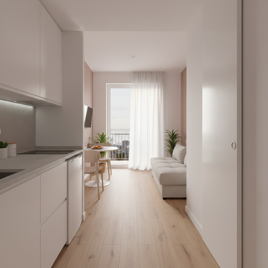 A compact, freshly renovated studio space in Palamós optimized for seasonal European visitors, featuring a multi-functional open-plan layout. Light oak-look porcelain tiles run seamlessly from entrance to balcony, while white walls are accented by a single soft clay-colored feature wall. A linear kitchen along one side has matte white cabinetry and a compact built-in fridge, with a slender stone-look countertop in pale gray. A discreet sliding door in white lacquer conceals a small but elegant bathroom. Soft morning light filters through a sheer curtain, creating a gentle, inviting glow. Photographic realism, wide-angle lens from the entrance viewpoint, showing efficient space planning. The mood is smart, practical, and contemporary, highlighting clever renovation solutions for small coastal properties.