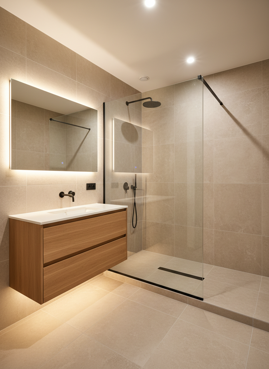 A meticulously renovated contemporary bathroom designed for a European client, with a spacious walk-in shower enclosed by frameless clear glass, a linear black shower drain, and large-format light beige stone-effect porcelain tiles on floor and walls. A floating oak vanity with a white solid-surface integrated basin and a slim black wall-mounted faucet anchors one side. An anti-fog backlit mirror emits a soft glow. Diffused ceiling spotlights and concealed LED strip under the vanity create a spa-like ambience. Photographic realism, eye-level frontal composition with slight angle to show depth. The mood is serene and hygienic, highlighting attention to waterproofing, alignment of grout lines, and harmonious color coordination typical of a high-end renovation specialist.