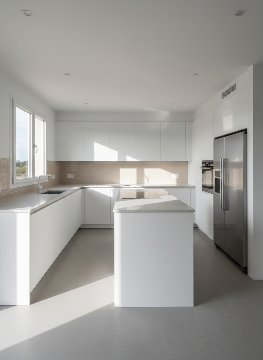 A high-end renovated open kitchen in an Empordà apartment, featuring matte white handleless cabinets, a thin-profile light gray quartz countertop, and a large central island with integrated cooktop. The backsplash is made of elongated porcelain tiles in a subtle sand tone, echoing Mediterranean beaches. Stainless steel built-in appliances are perfectly aligned in a tall cabinet wall. Natural afternoon light streams from a nearby window, reflecting softly on the quartz and creating gentle, elongated shadows. Photographic realism, shot from a slightly elevated corner angle with a wide lens, showcasing the full layout. The mood is orderly, modern, and reassuring, emphasizing precise coordination of trades and impeccable finishes by a professional renovation firm.
