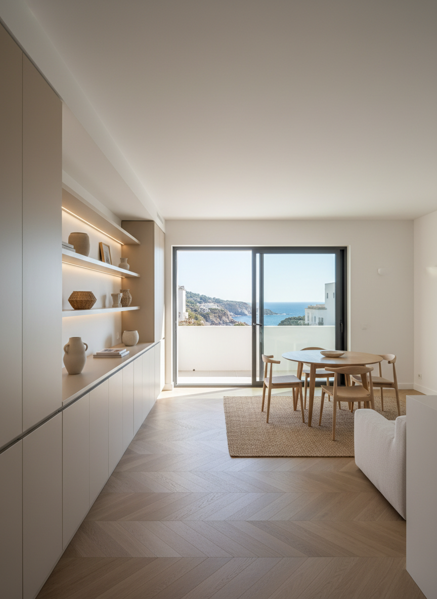 A bright, fully renovated Mediterranean living-dining space in Palamós, showcasing clean white walls with smooth stucco texture, light oak parquet flooring, and large sliding glass doors opening to a balcony with a glimpse of the Costa Brava sea. Built-in cabinetry in matte sand-beige finishes lines one wall, with integrated LED accent lighting under the shelving. Soft late-morning natural light fills the room, creating crisp but gentle shadows and highlighting the precise alignment of finishes. Photographic realism, eye-level composition with wide-angle lens, sharp focus throughout. The mood is professional, calm, and inviting, emphasizing quality renovation work, clean lines, and a modern yet warm aesthetic suitable for a French and European clientele.
