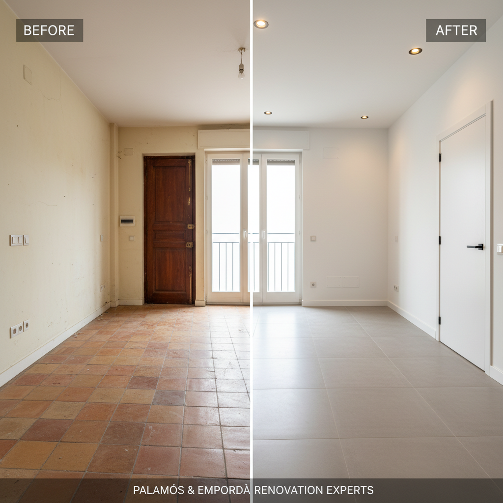 A before-and-after renovation composition of a Costa Brava apartment interior, split diagonally: on one side, an outdated space with worn terracotta tiles, yellowed walls, and old electrical outlets; on the other, a fully modernized room with large-format neutral porcelain flooring, freshly painted white walls, discreet recessed LED spots, and new sleek white doors with black hardware. Consistent photographic realism, same angle and framing, wide lens capturing floor-to-ceiling transformation. Bright, even natural daylight from a balcony door illuminates both halves, emphasizing the contrast in textures and finishes. The mood is dynamic and convincing, clearly communicating the added value of professional coordination of subcontractors and complete renovation expertise in Palamós and the Empordà.